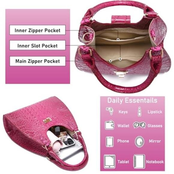 Ladies Tote Dark Pink Vegan Leather Bags Crocodile Embossed Zipper Satchel Purse - Picture 4 of 7